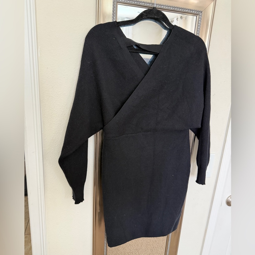 Super Cute Ribbed Black sweater wrap dress with long sleeves. Mid thigh. Sz M